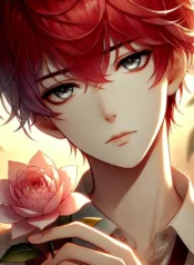 DALL·E-2025-03-01-02.24.21-An-anime-style-illustration-of-a-young-man-with-vibrant-red-hair-and-striking-gray-eyes-gently-holding-a-delicate-flower.-His-expression-is-melanchol